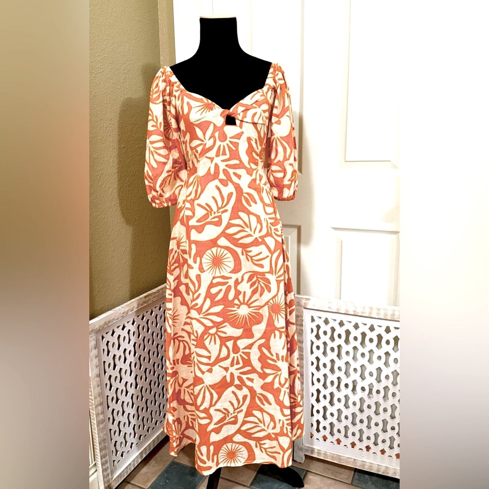 Billabong Orange and Soft White Maxi Sundress with Bishop Sleeves